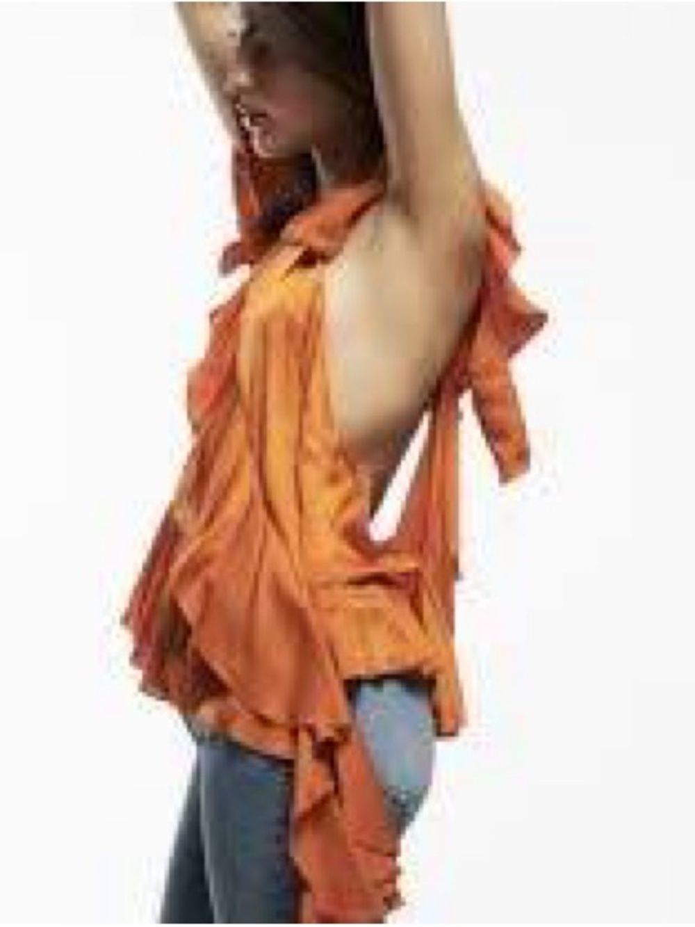 Zara Limited Edition Burnt Orange ruffle Open Back Asymmetrical Blouse, size M - Picture 3 of 15